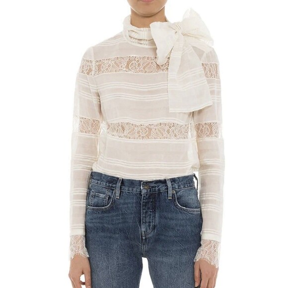 CHELSEA‎ AND WALKER Bow Blouse Ivory Silk Lace Long Sleeve Blouse Women's 6 - Picture 1 of 16